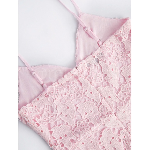 Guipure Lace Baby Pink Bodycon Dress Cami V-Neck Knee to Midi - Picture 11 of 13